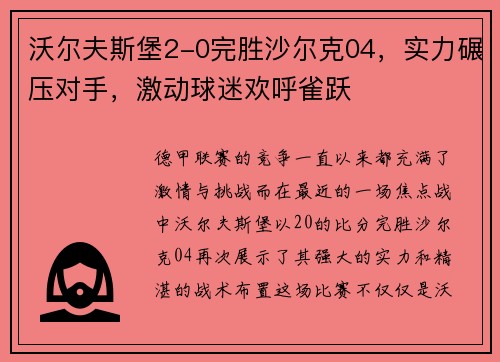 沃尔夫斯堡2-0完胜沙尔克04，实力碾压对手，激动球迷欢呼雀跃