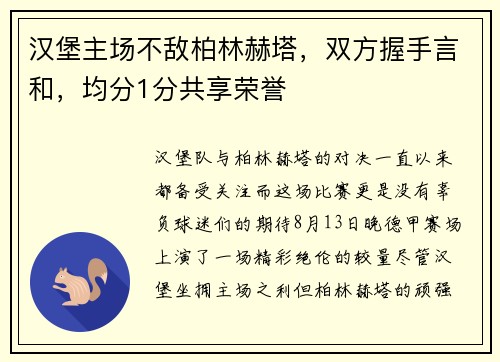汉堡主场不敌柏林赫塔，双方握手言和，均分1分共享荣誉